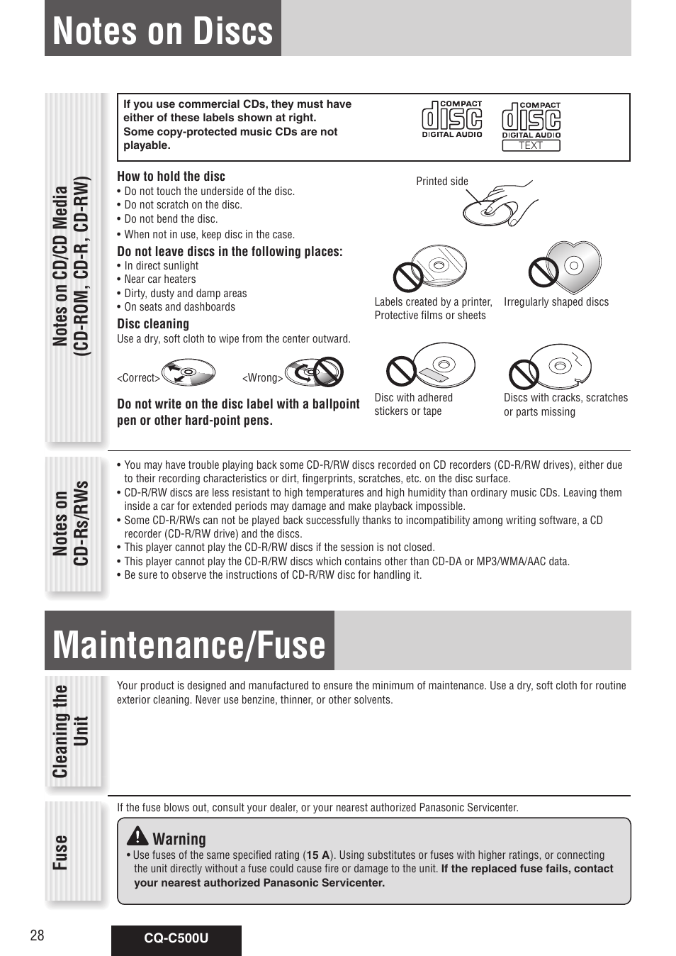 Notes on discs, Maintenance/fuse, Cleaning the unit | Fuse | Panasonic CQ-C500U User Manual | Page 28 / 88