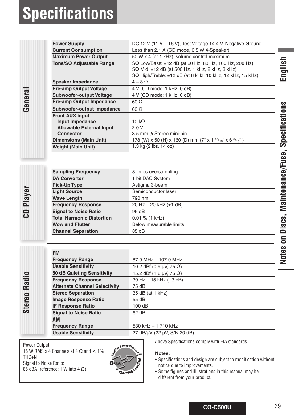 Specifications, English, General cd player | Stereo radio | Panasonic CQ-C500U User Manual | Page 29 / 88