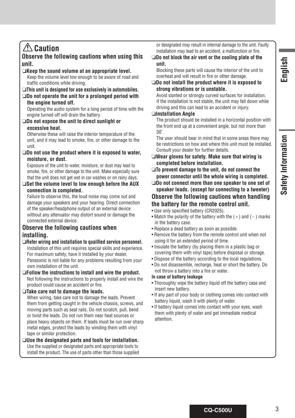 Safety information, English, Caution | Panasonic CQ-C500U User Manual | Page 3 / 88