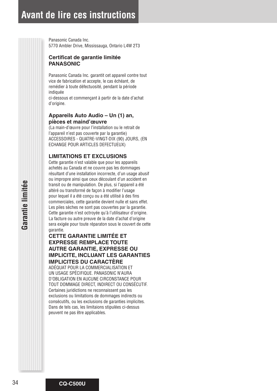 Avant de lire ces instructions, Garantie limitée | Panasonic CQ-C500U User Manual | Page 34 / 88