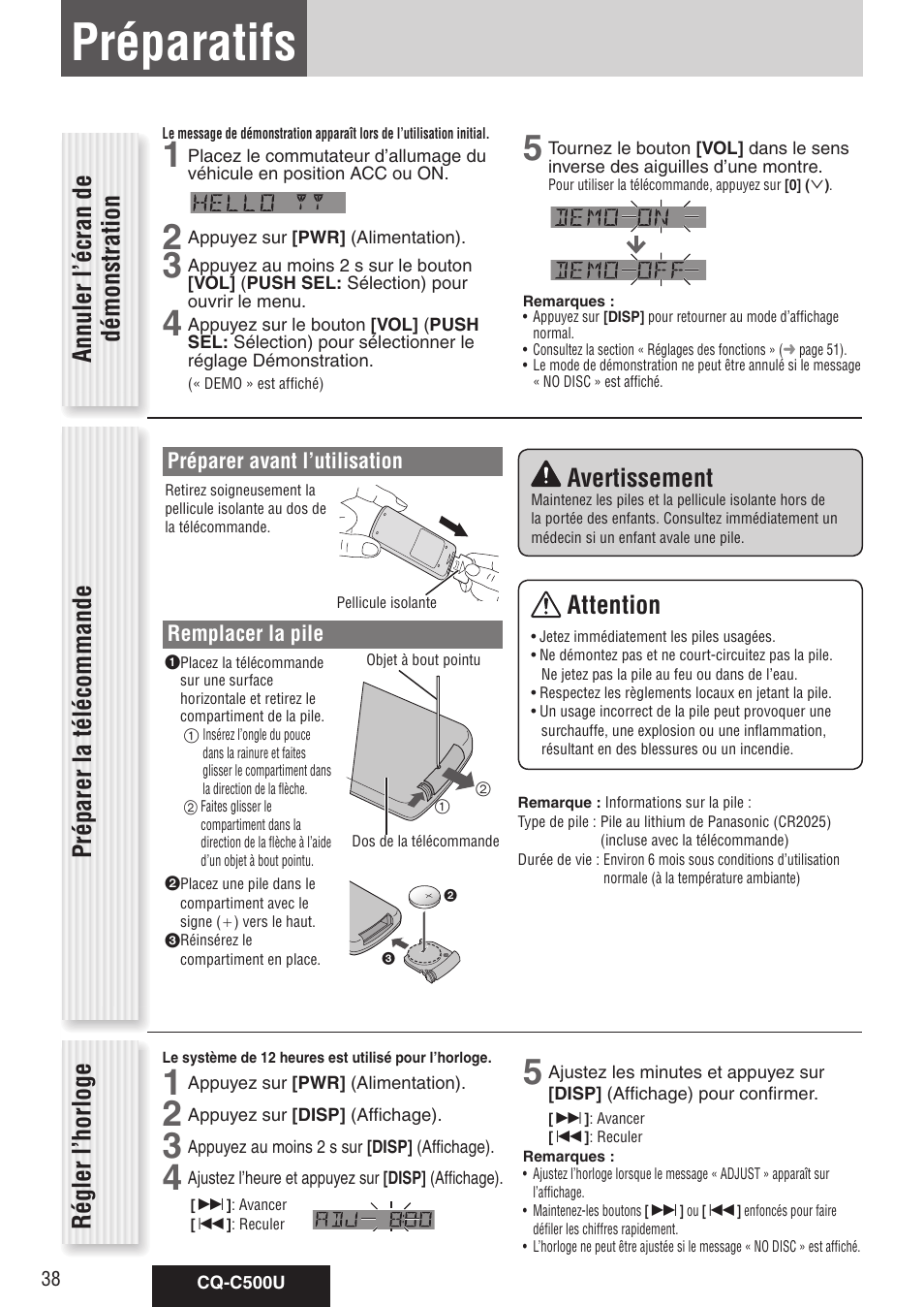 Préparatifs, Avertissement, Régler l’horloge | Attention | Panasonic CQ-C500U User Manual | Page 38 / 88