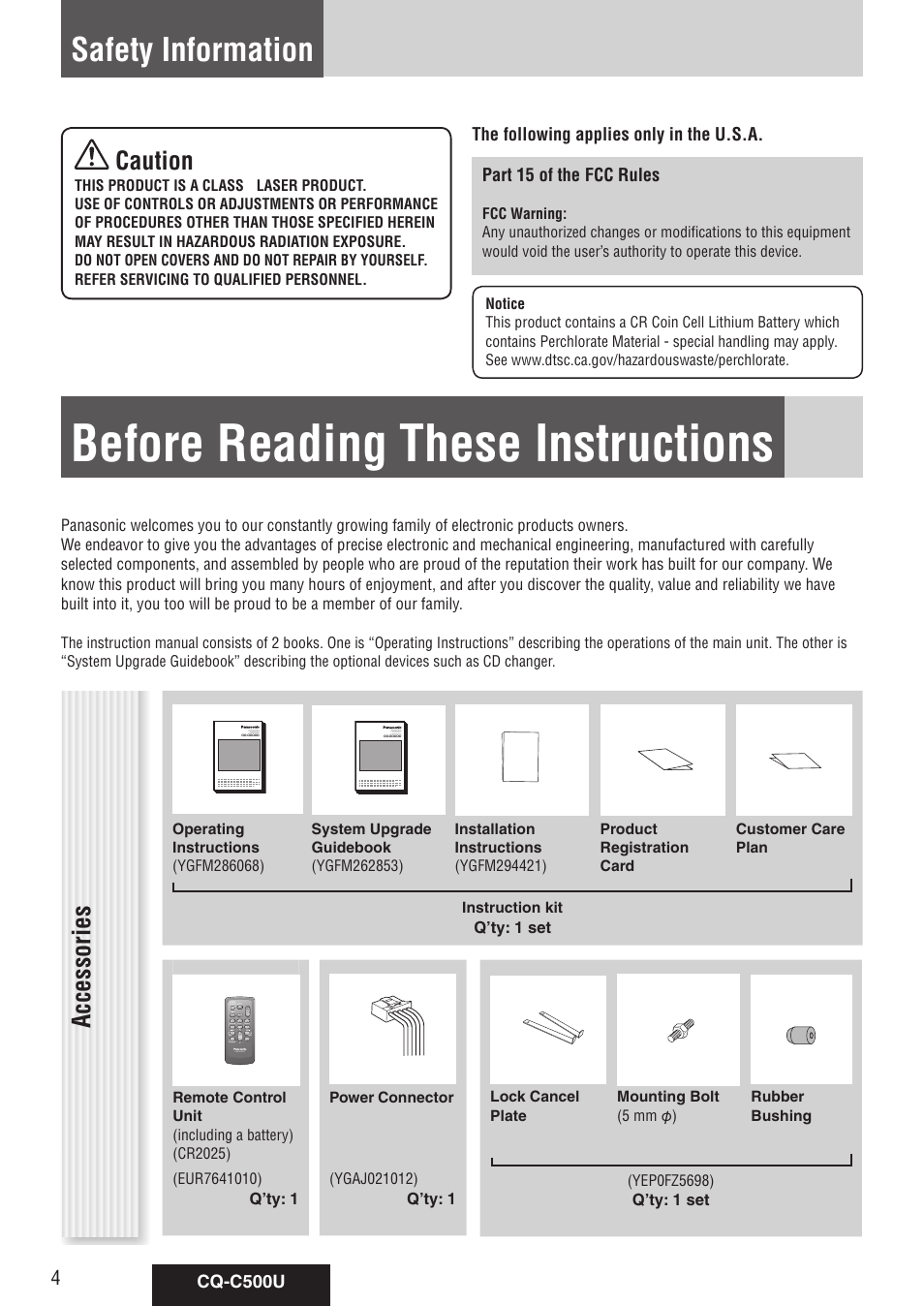Before reading these instructions, Safety information, Accessories | Caution, Cq-c500u, Q’ty: 1 set, Q’ty: 1 | Panasonic CQ-C500U User Manual | Page 4 / 88
