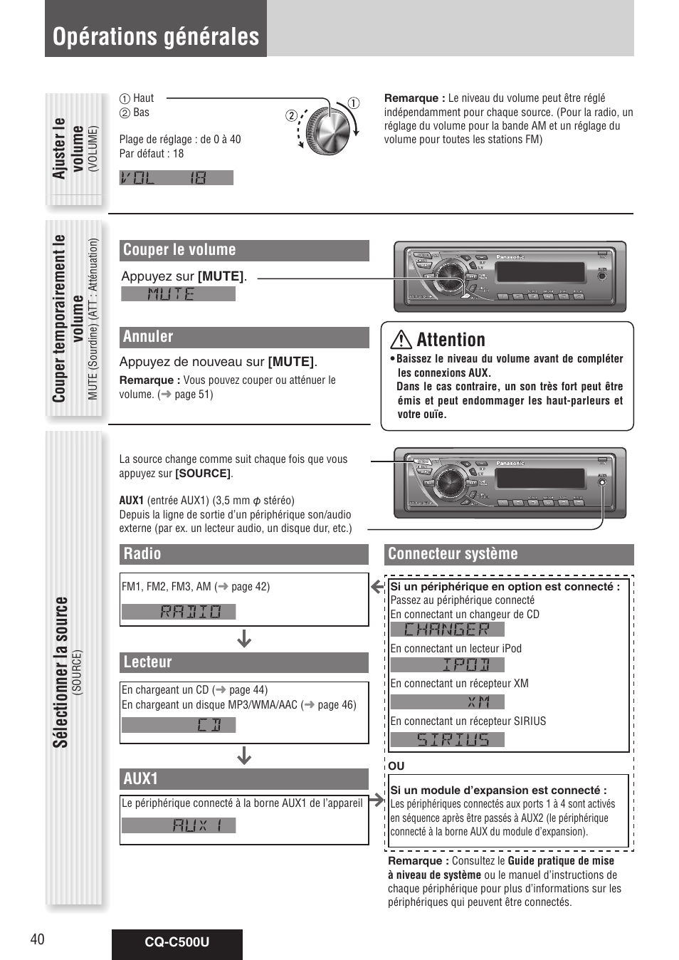 Opérations générales, Sélectionner la source, Attention | Couper le volume, Annuler, Ajuster le volume, Couper temporairement le volume, Radio, Lecteur, Aux1 | Panasonic CQ-C500U User Manual | Page 40 / 88