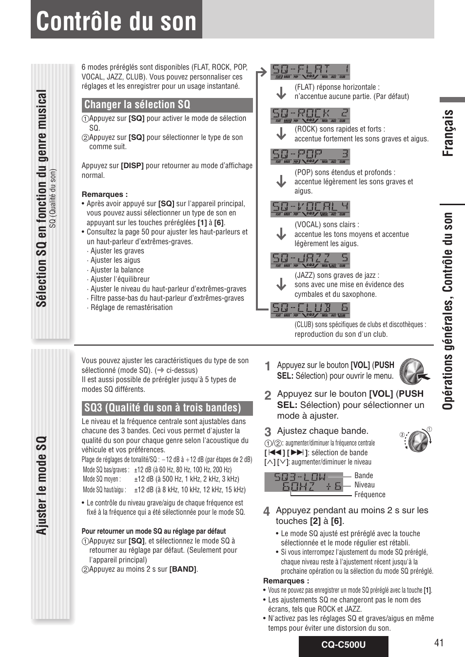 Contrôle du son, Français, Ajuster le mode sq | Changer la sélection sq, Sq3 (qualité du son à trois bandes) | Panasonic CQ-C500U User Manual | Page 41 / 88
