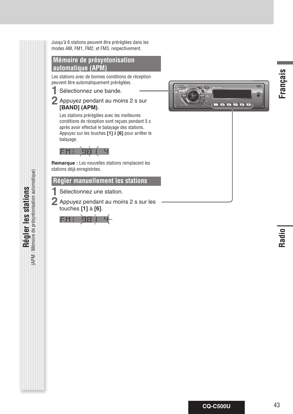 Radio, Français | Panasonic CQ-C500U User Manual | Page 43 / 88