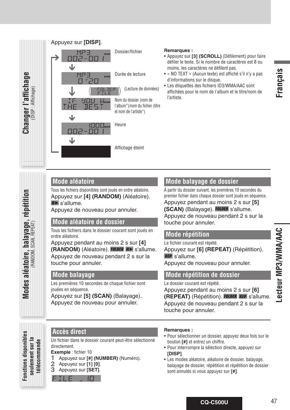 Français, Modes aléatoire, balayage, répétition, Lecteur mp3/wma/aac | Changer l’affichage, Accès direct, Mode aléatoire, Mode aléatoire de dossier, Mode balayage, Mode balayage de dossier, Mode répétition | Panasonic CQ-C500U User Manual | Page 47 / 88