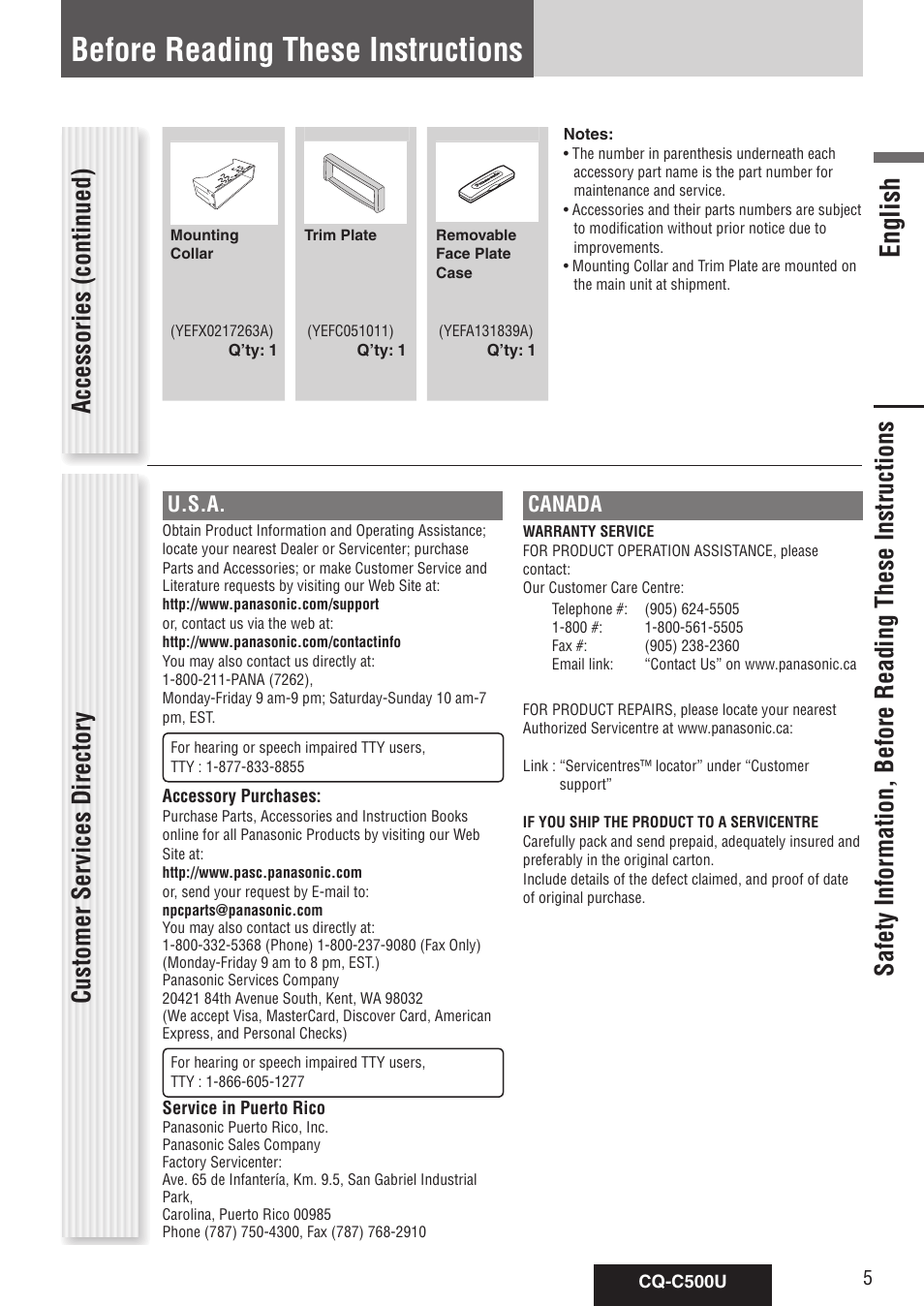 Before reading these instructions, English, Accessories (continued) | U.s.a, Canada | Panasonic CQ-C500U User Manual | Page 5 / 88