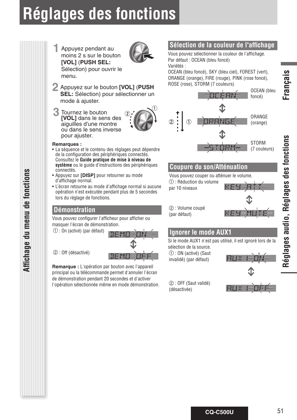 Réglages des fonctions, Français, Réglages audio, réglages des fonctions | Affichage du menu de fonctions, Démonstration, Sélection de la couleur de l'affichage, Coupure du son/atténuation, Ignorer le mode aux1 | Panasonic CQ-C500U User Manual | Page 51 / 88
