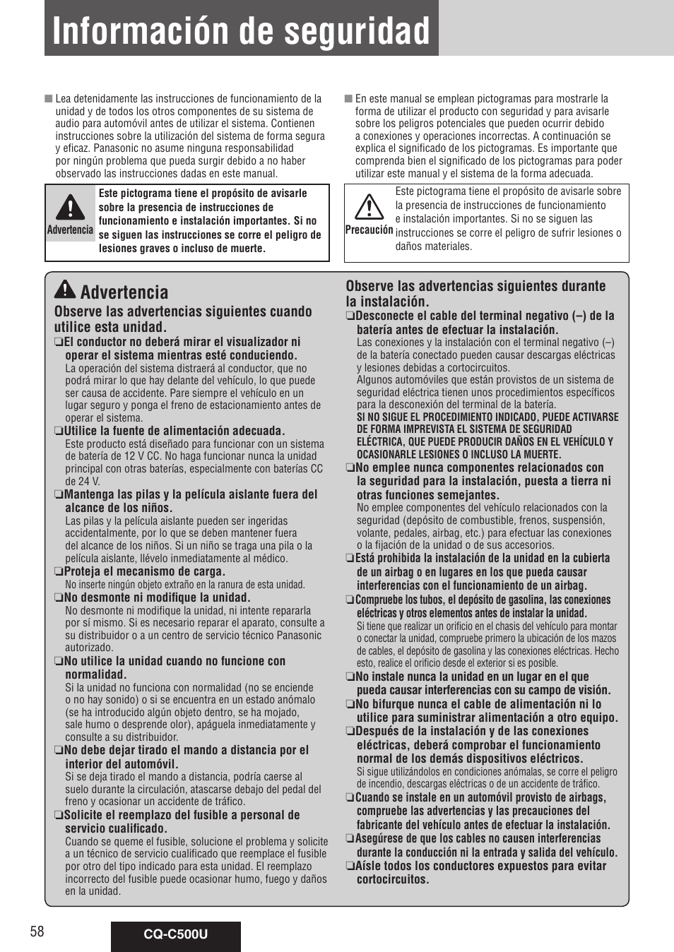 Información de seguridad, Advertencia | Panasonic CQ-C500U User Manual | Page 58 / 88