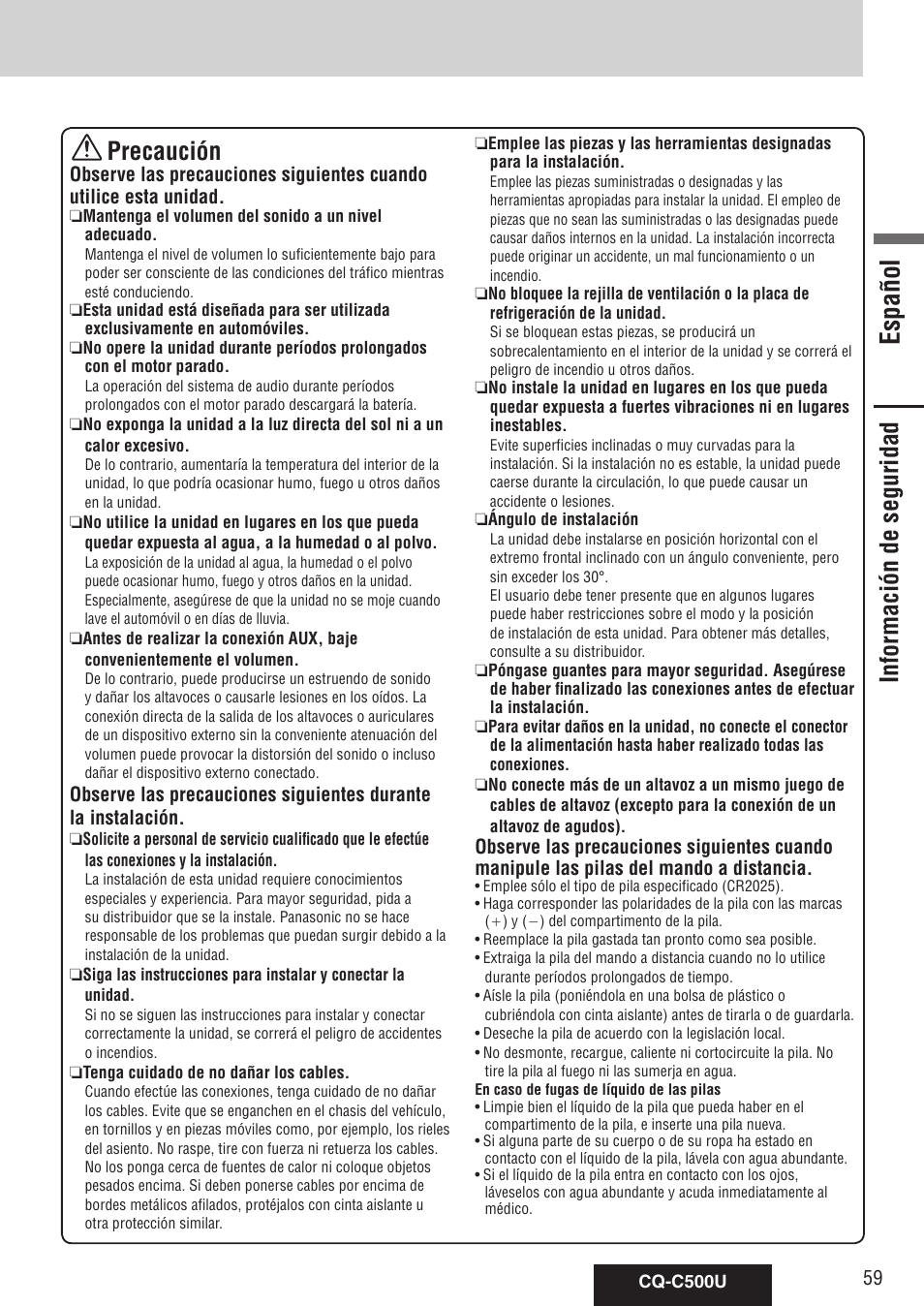 Información de seguridad, Español, Precaución | Panasonic CQ-C500U User Manual | Page 59 / 88