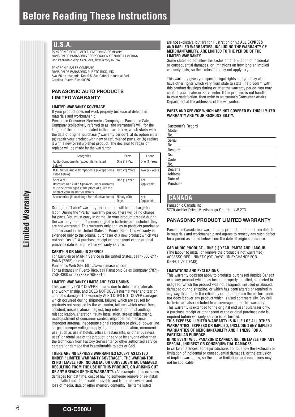 Before reading these instructions, Limited w arranty, U.s.a | Canada, Cq-c500u | Panasonic CQ-C500U User Manual | Page 6 / 88