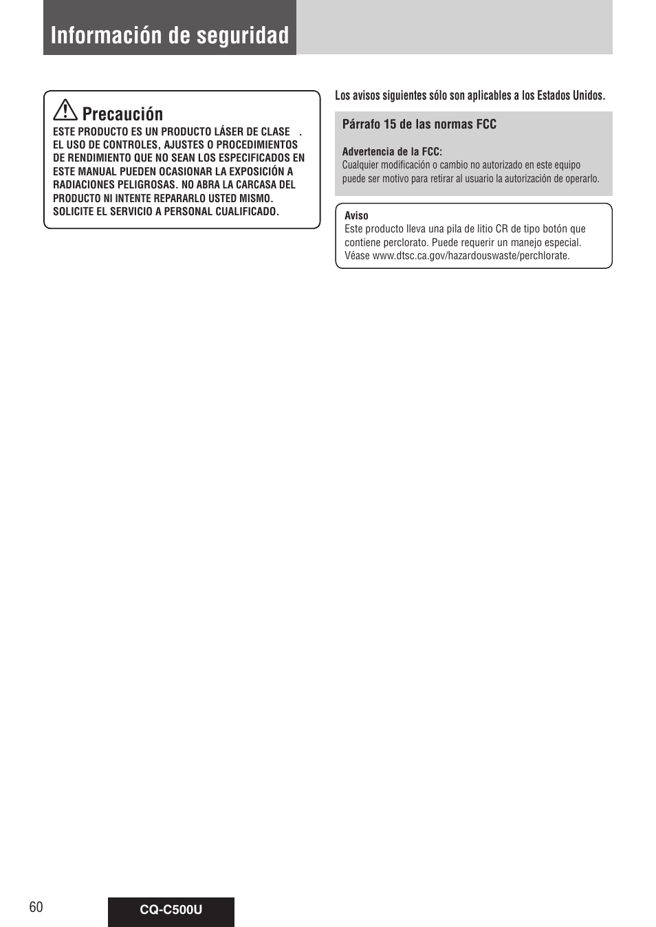 Información de seguridad, Precaución | Panasonic CQ-C500U User Manual | Page 60 / 88