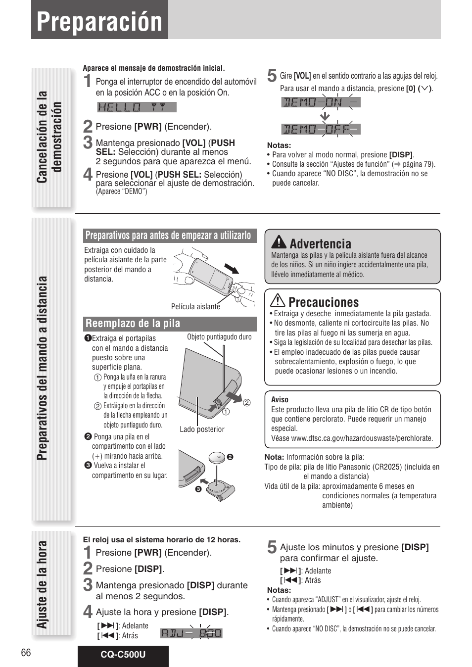 Preparación, Advertencia, Ajuste de la hora | Precauciones | Panasonic CQ-C500U User Manual | Page 66 / 88