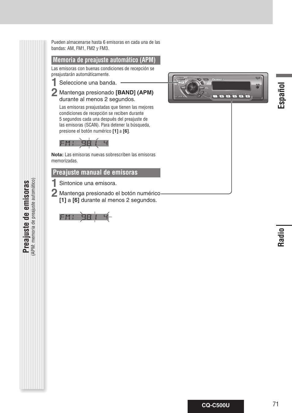 Radio, Español | Panasonic CQ-C500U User Manual | Page 71 / 88