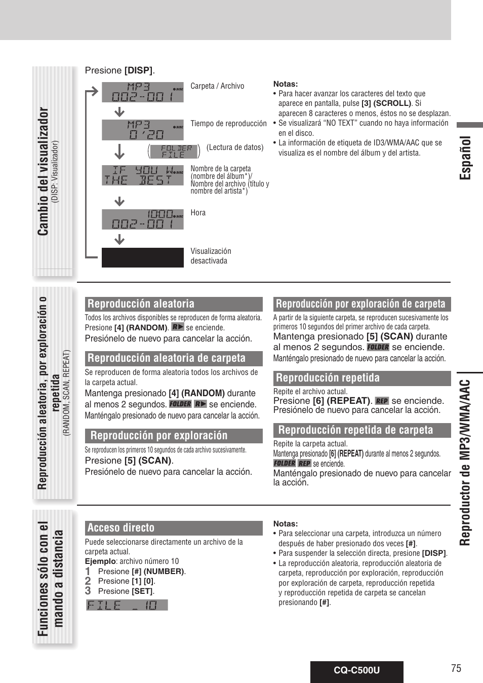 Español, Cambio del visualizador, Acceso directo | Reproducción aleatoria, por exploración o repetida, Reproducción aleatoria, Reproducción aleatoria de carpeta, Reproducción por exploración, Reproducción por exploración de carpeta, Reproducción repetida, Reproducción repetida de carpeta | Panasonic CQ-C500U User Manual | Page 75 / 88
