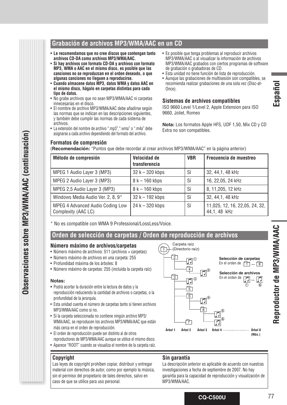 Reproductor de mp3/wma/aac, Español, Grabación de archivos mp3/wma/aac en un cd | Panasonic CQ-C500U User Manual | Page 77 / 88