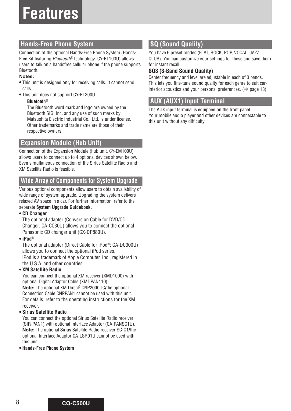 Features, Hands-free phone system, Expansion module (hub unit) | Wide array of components for system upgrade, Sq (sound quality), Aux (aux1) input terminal | Panasonic CQ-C500U User Manual | Page 8 / 88