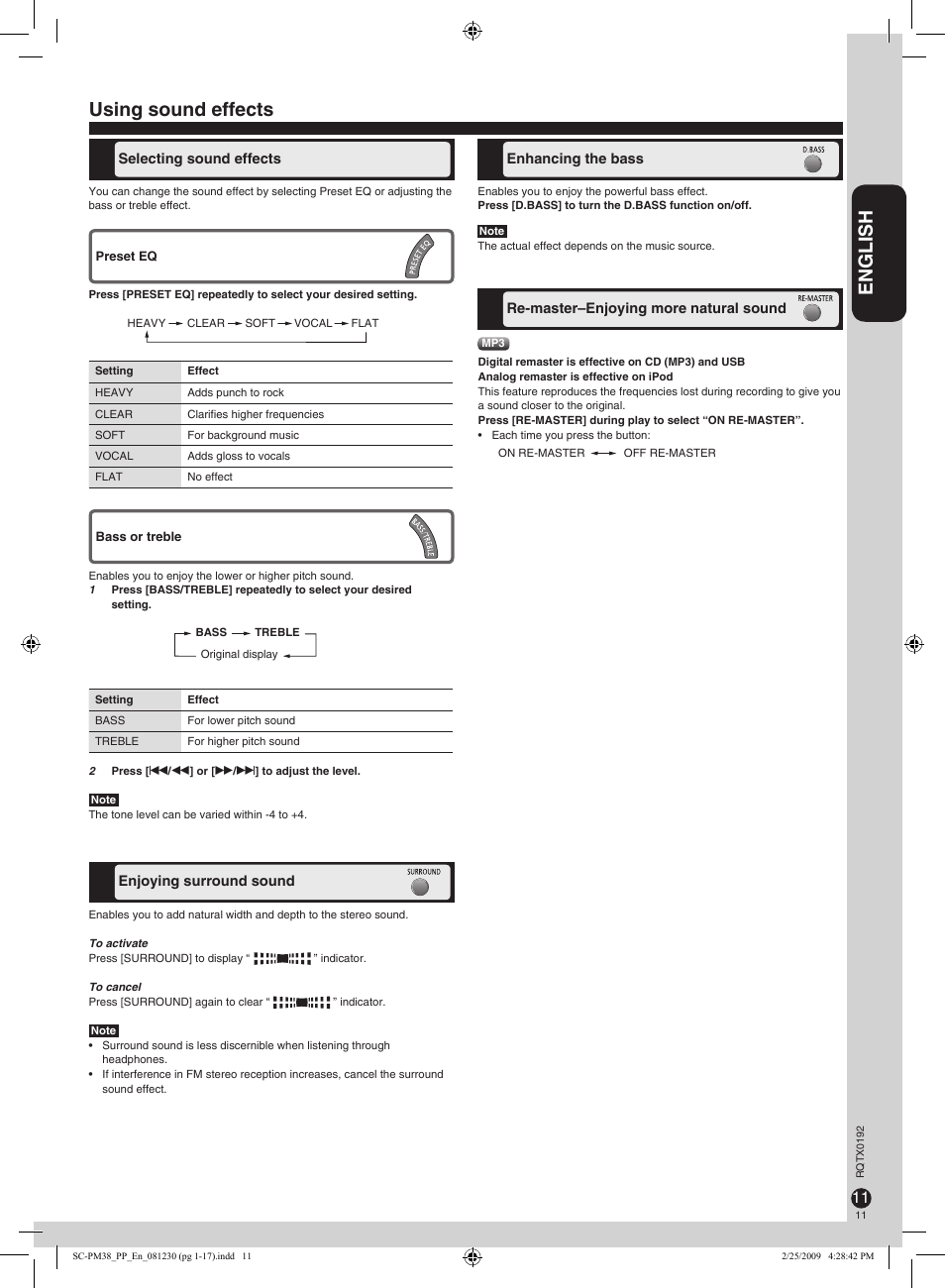 Using sound effects, English | Panasonic SB-PM48 User Manual | Page 11 / 48