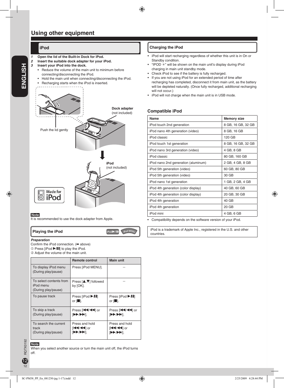 Using other equipment, English | Panasonic SB-PM48 User Manual | Page 12 / 48