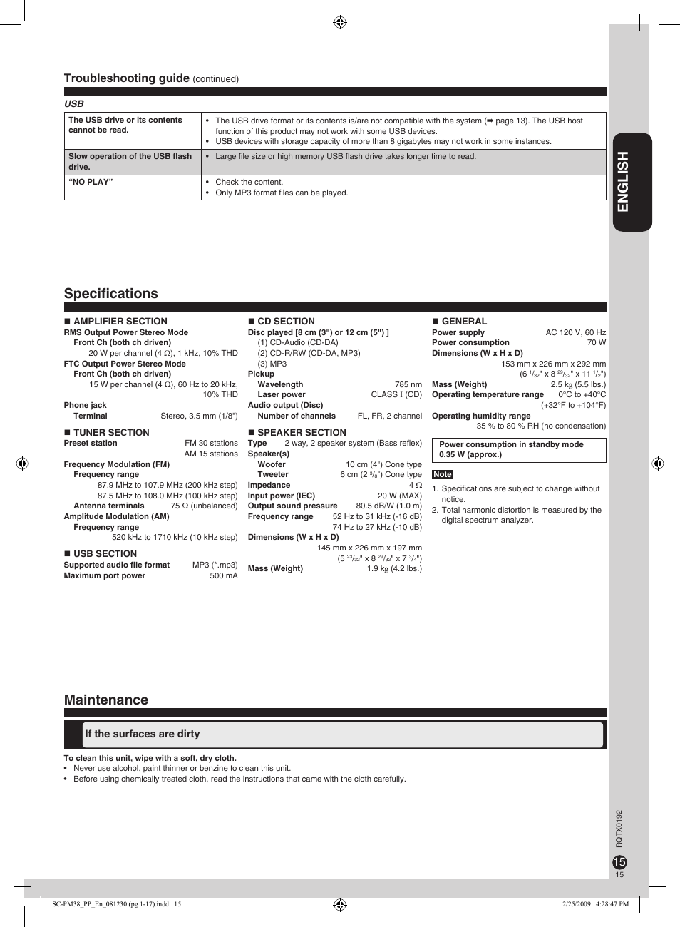 Specifications, Maintenance, English | Specifications maintenance, Troubleshooting guide | Panasonic SB-PM48 User Manual | Page 15 / 48