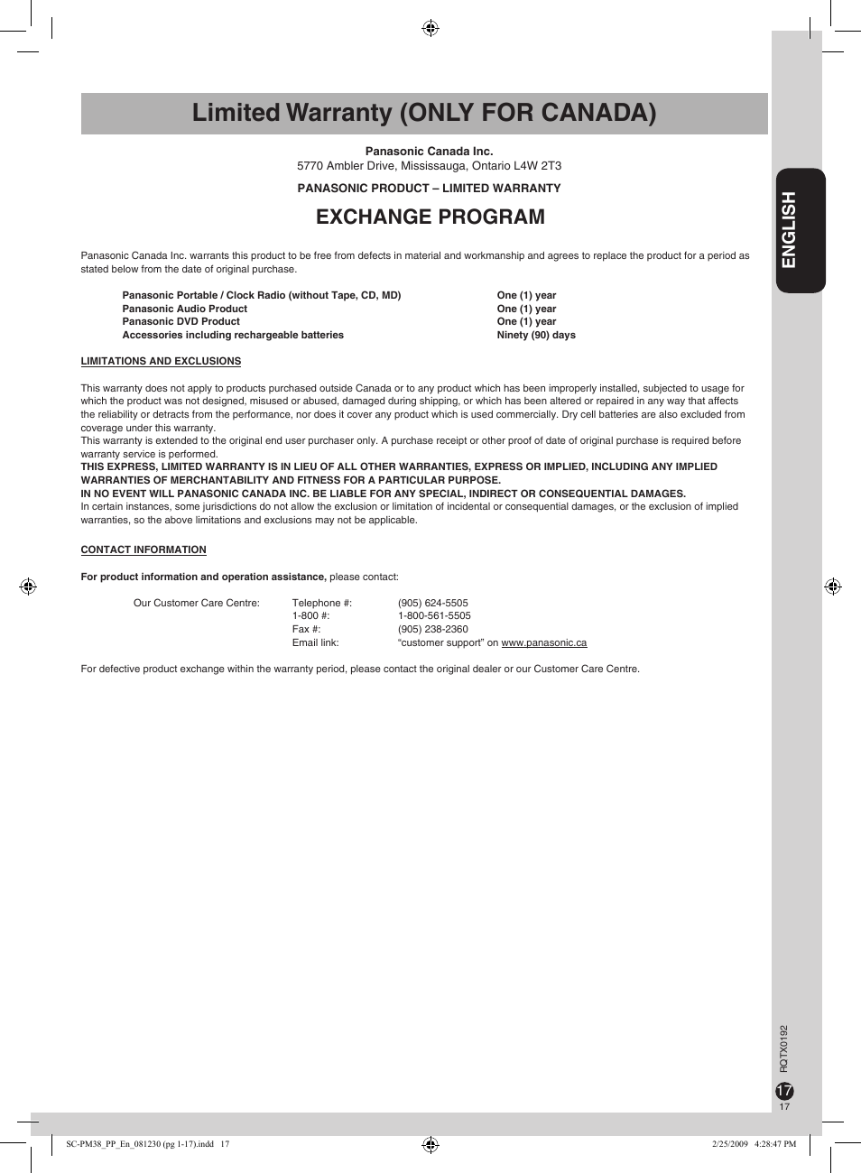Limited warranty (only for canada), Exchange program, English | Panasonic SB-PM48 User Manual | Page 17 / 48