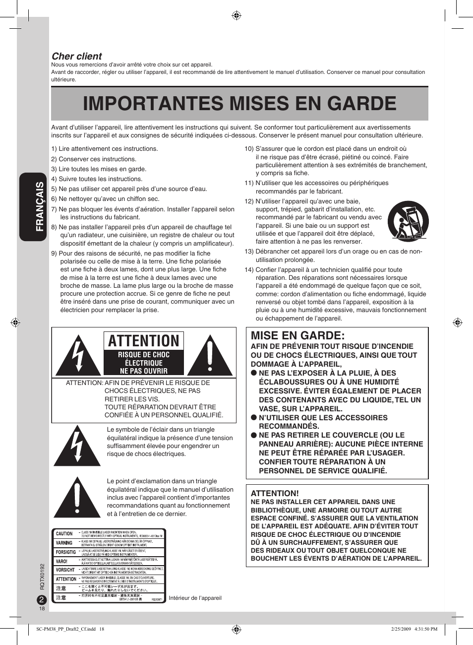 Importantes mises en garde, Attention, Mise en garde | Français, Cher client | Panasonic SB-PM48 User Manual | Page 18 / 48