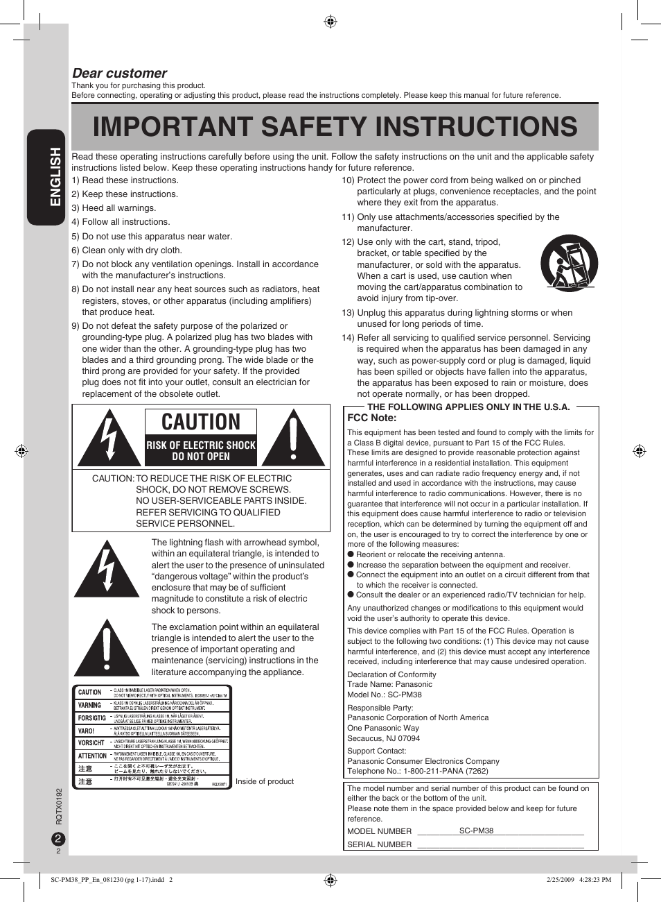 Important safety instructions, Caution, English | Dear customer | Panasonic SB-PM48 User Manual | Page 2 / 48