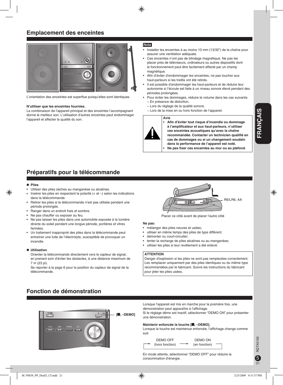 Français, Préparatifs pour la télécommande, Fonction de démonstration | Emplacement des enceintes | Panasonic SB-PM48 User Manual | Page 21 / 48