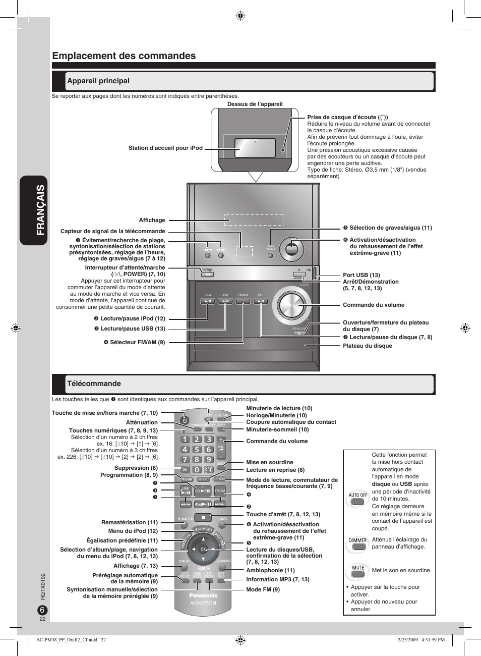 Français, Emplacement des commandes, Appareil principal télécommande télécommande | Panasonic SB-PM48 User Manual | Page 22 / 48