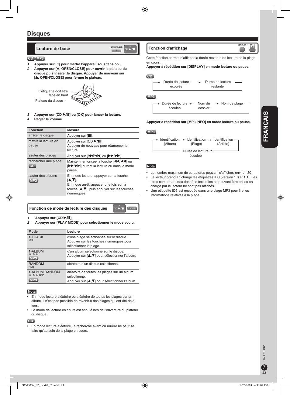 Français, Disques | Panasonic SB-PM48 User Manual | Page 23 / 48