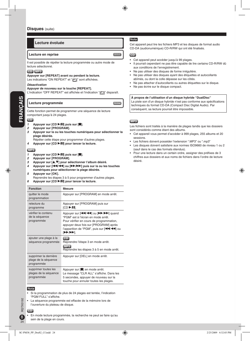 Français, Disques | Panasonic SB-PM48 User Manual | Page 24 / 48