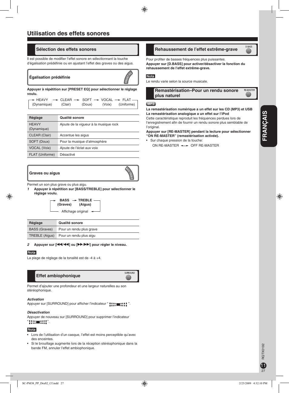 Français, Utilisation des effets sonores | Panasonic SB-PM48 User Manual | Page 27 / 48