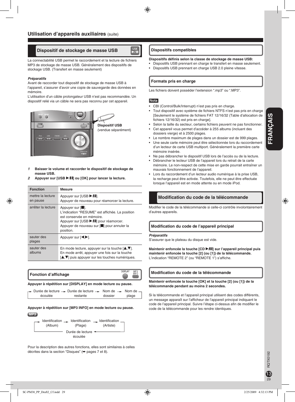 Français, Utilisation d’appareils auxiliaires, Dispositif de stockage de masse usb | Modiﬁcation du code de la télécommande | Panasonic SB-PM48 User Manual | Page 29 / 48