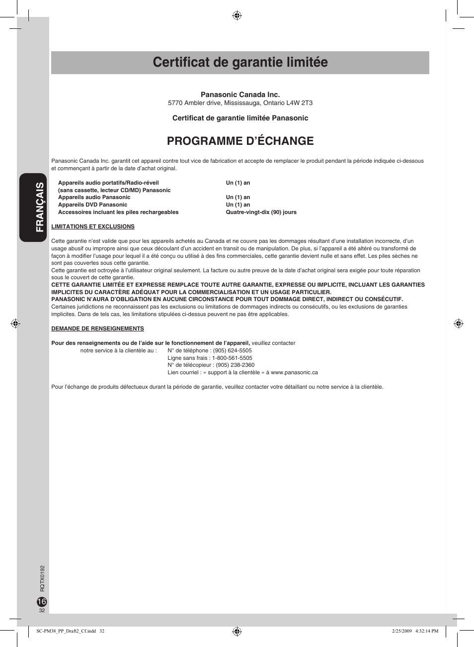 Certiﬁcat de garantie limitée, Programme d’échange, Français | Panasonic SB-PM48 User Manual | Page 32 / 48