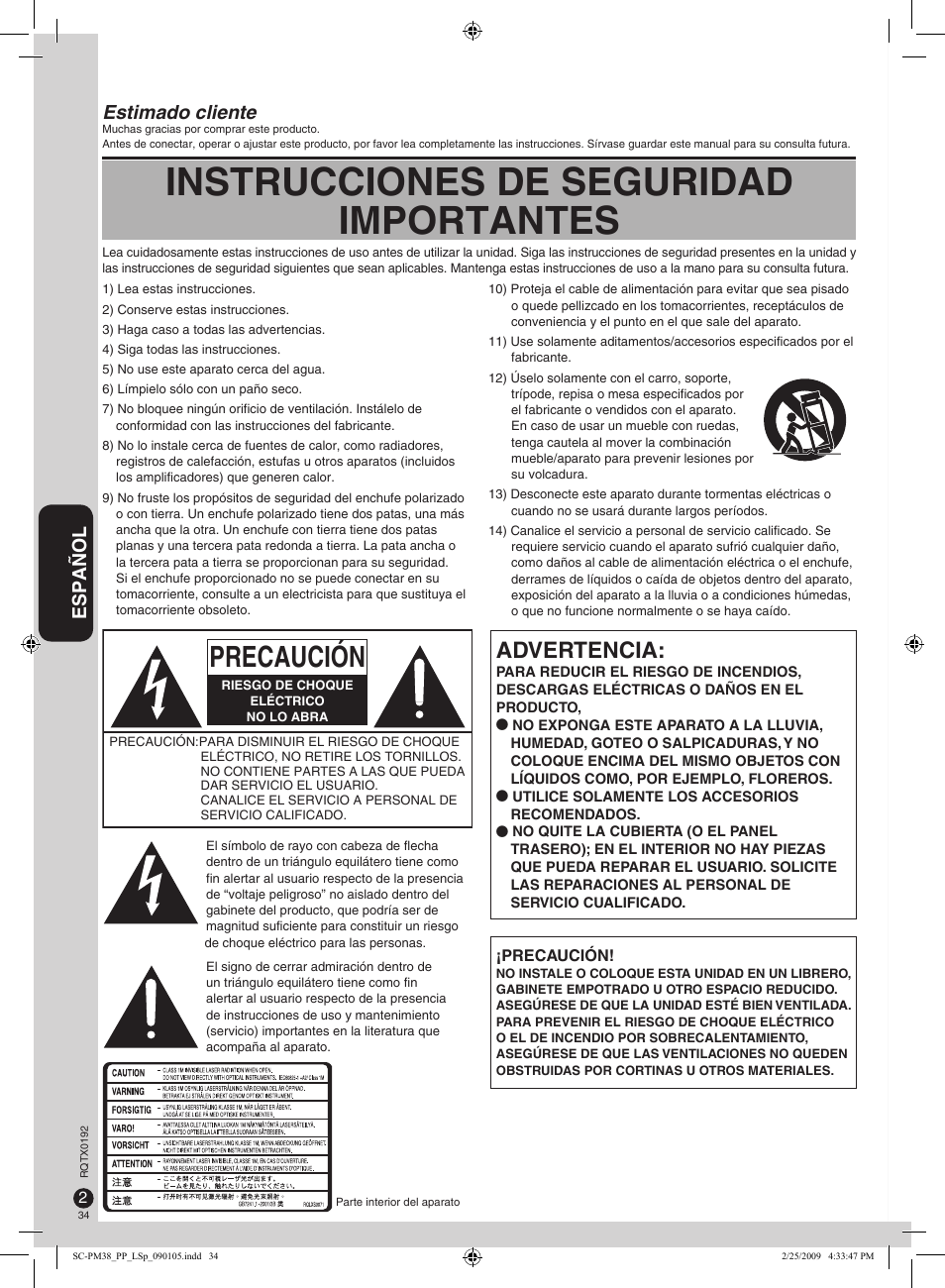 Instrucciones de seguridad importantes, Precaución, Advertencia | Español, Estimado cliente | Panasonic SB-PM48 User Manual | Page 34 / 48