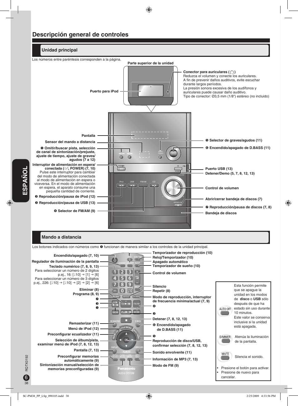Español, Descripción general de controles | Panasonic SB-PM48 User Manual | Page 38 / 48