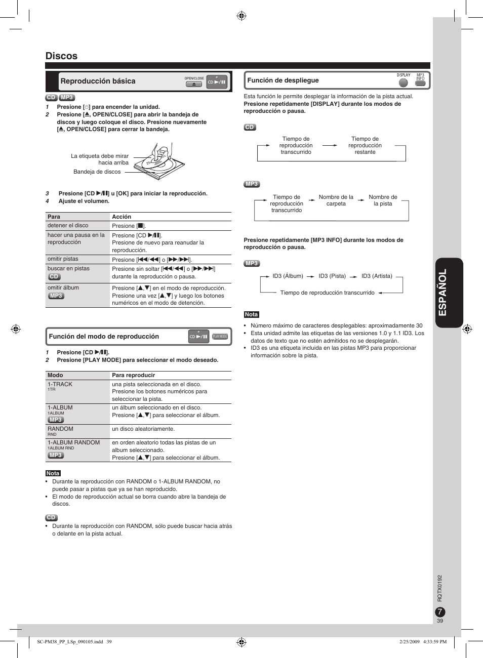 Español, Discos | Panasonic SB-PM48 User Manual | Page 39 / 48