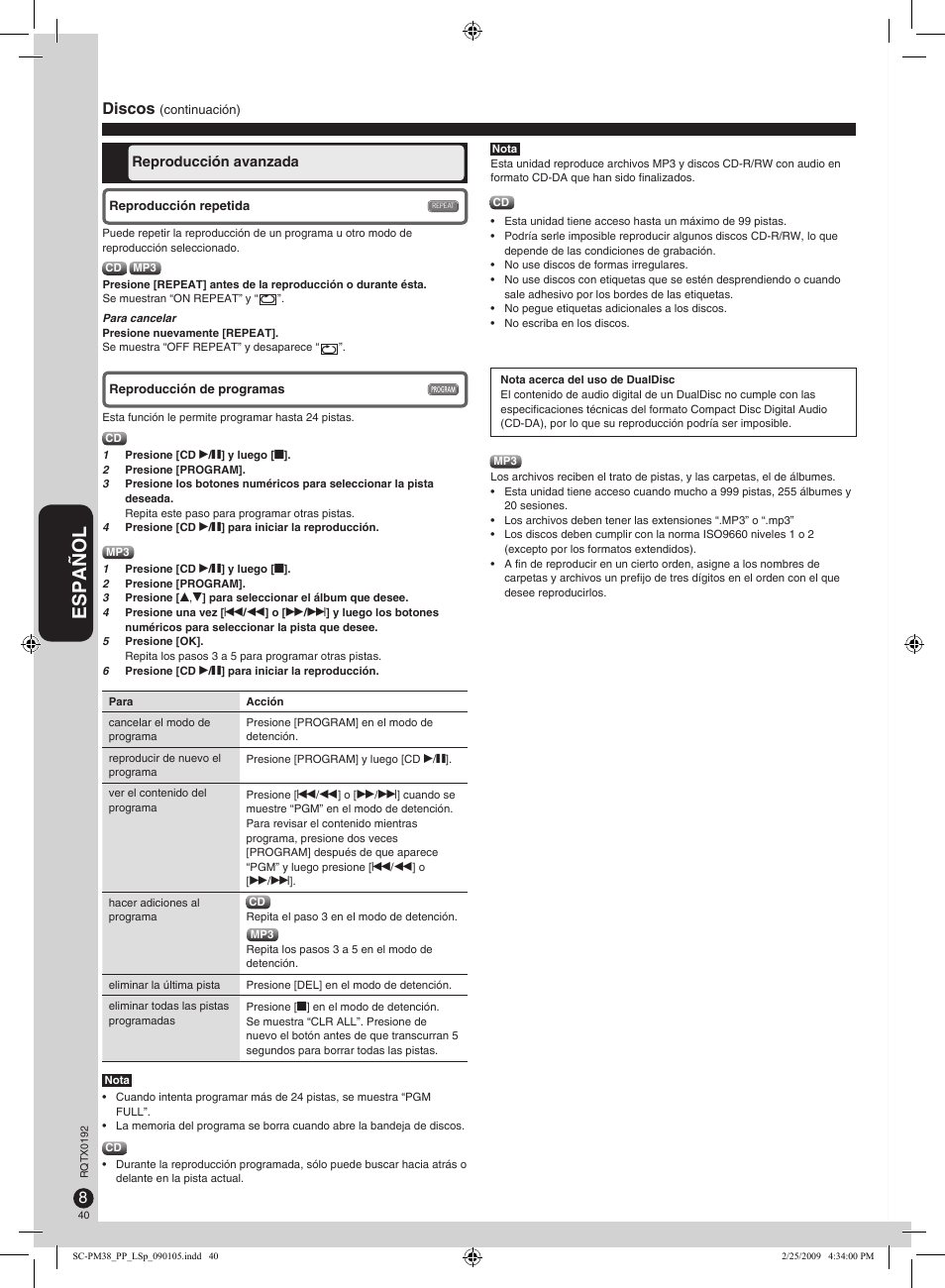 Español, Discos | Panasonic SB-PM48 User Manual | Page 40 / 48