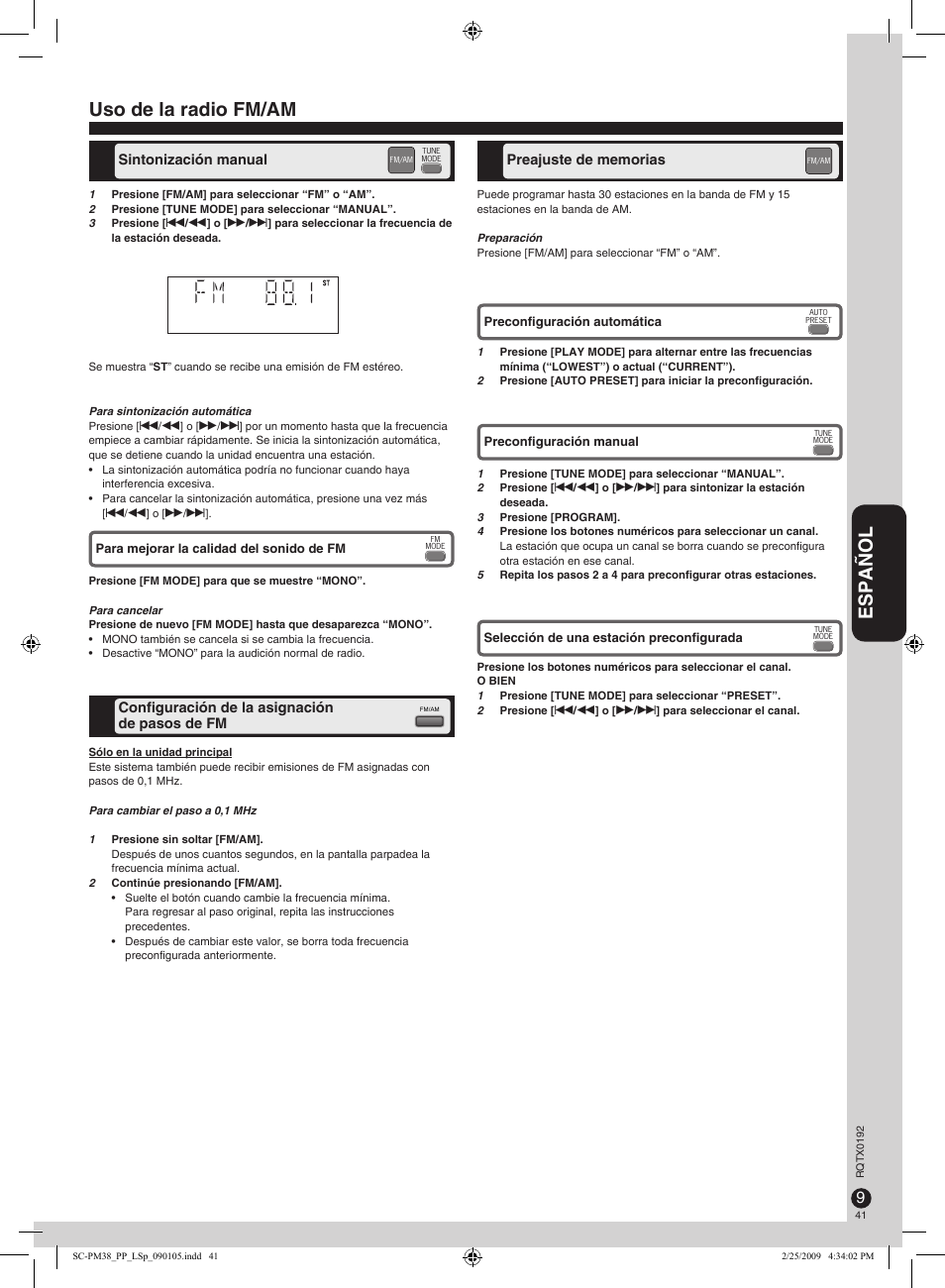 Español, Uso de la radio fm/am | Panasonic SB-PM48 User Manual | Page 41 / 48