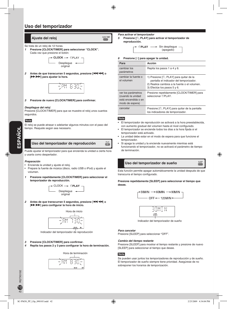 Español, Uso del temporizador | Panasonic SB-PM48 User Manual | Page 42 / 48