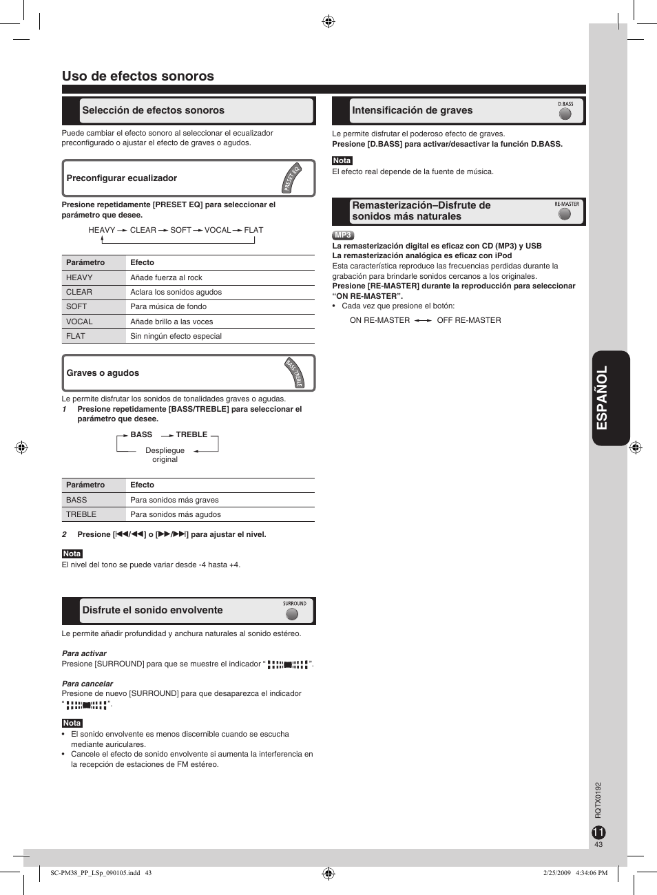 Español, Uso de efectos sonoros | Panasonic SB-PM48 User Manual | Page 43 / 48