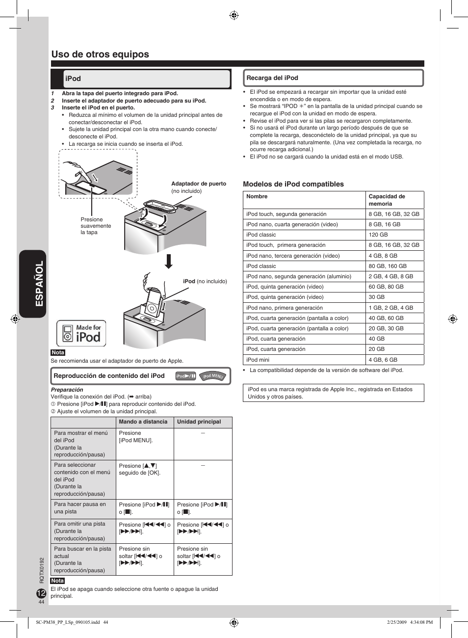 Español, Uso de otros equipos | Panasonic SB-PM48 User Manual | Page 44 / 48