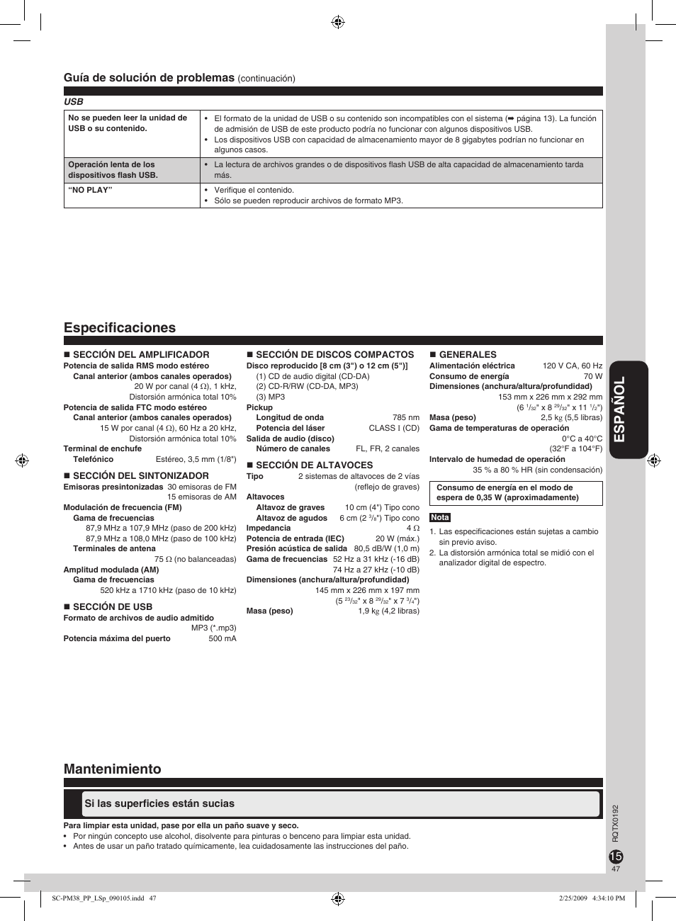 Español, Especificaciones mantenimiento, Guía de solución de problemas | Panasonic SB-PM48 User Manual | Page 47 / 48