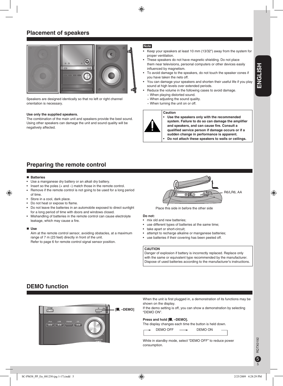 Placement of speakers, Preparing the remote control, Demo function | English | Panasonic SB-PM48 User Manual | Page 5 / 48
