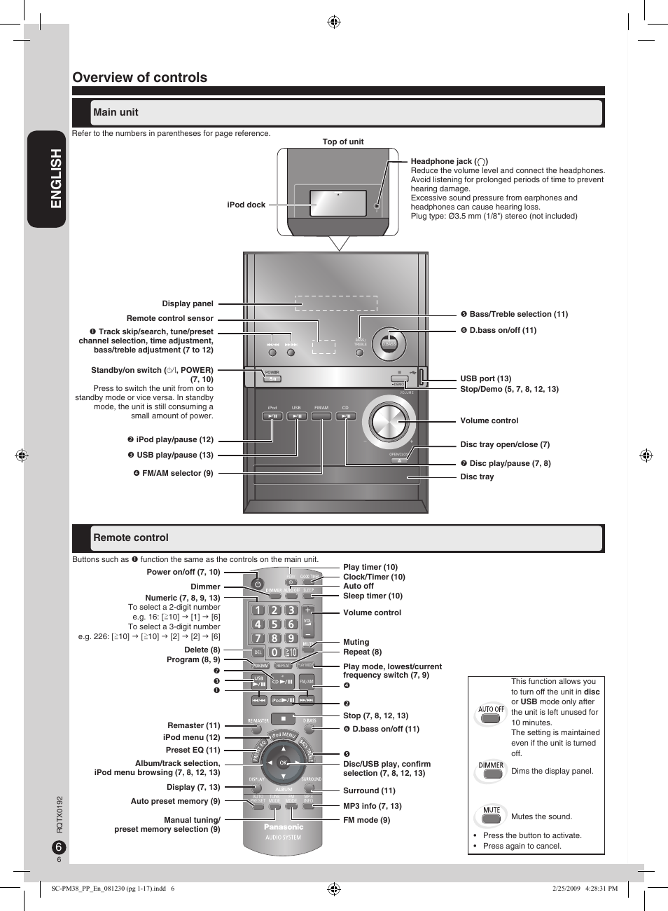 Overview of controls, English, Main unit remote control remote control | Panasonic SB-PM48 User Manual | Page 6 / 48