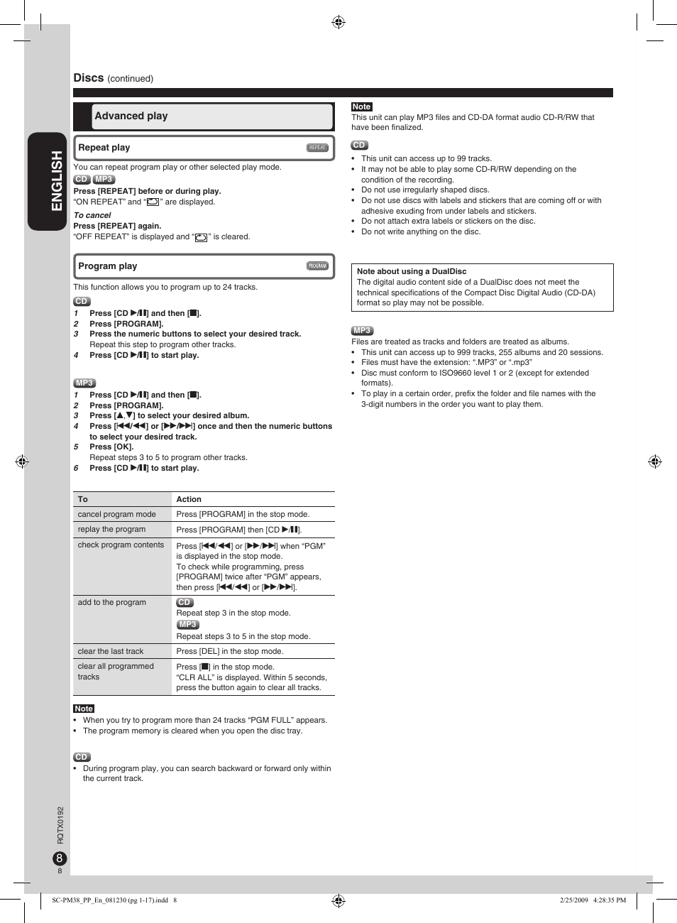 English, Discs | Panasonic SB-PM48 User Manual | Page 8 / 48