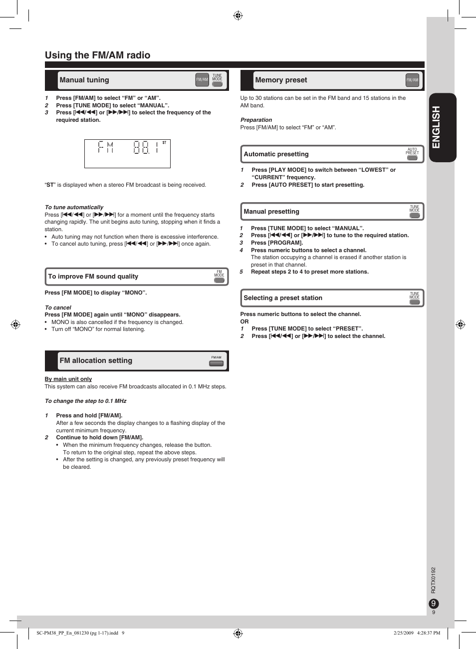 Using the fm/am radio, English | Panasonic SB-PM48 User Manual | Page 9 / 48