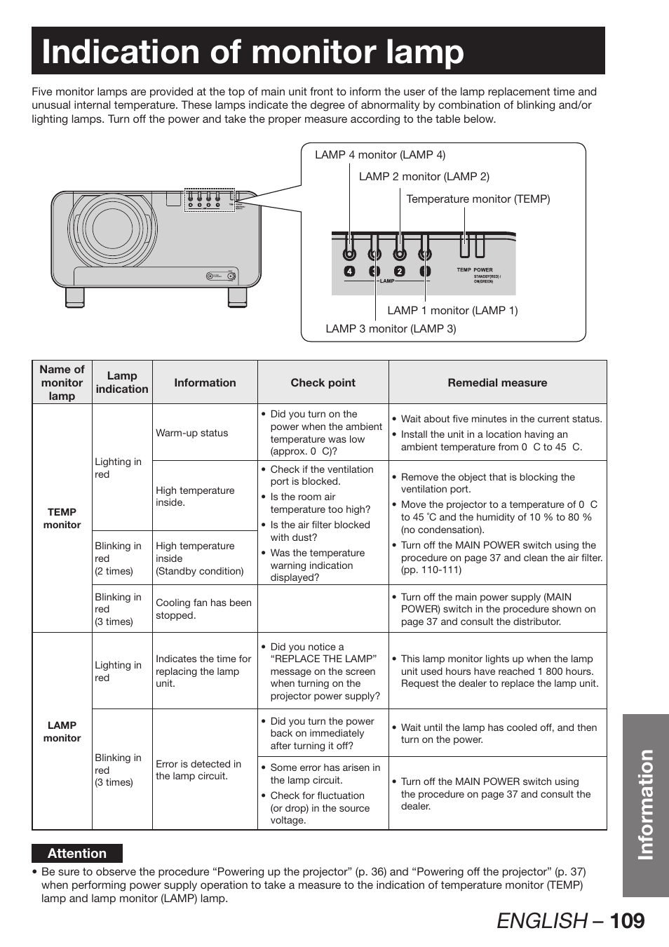 Indication of monitor lamp, English – 109, Information | Attention | Panasonic PT-DW100E User Manual | Page 109 / 126