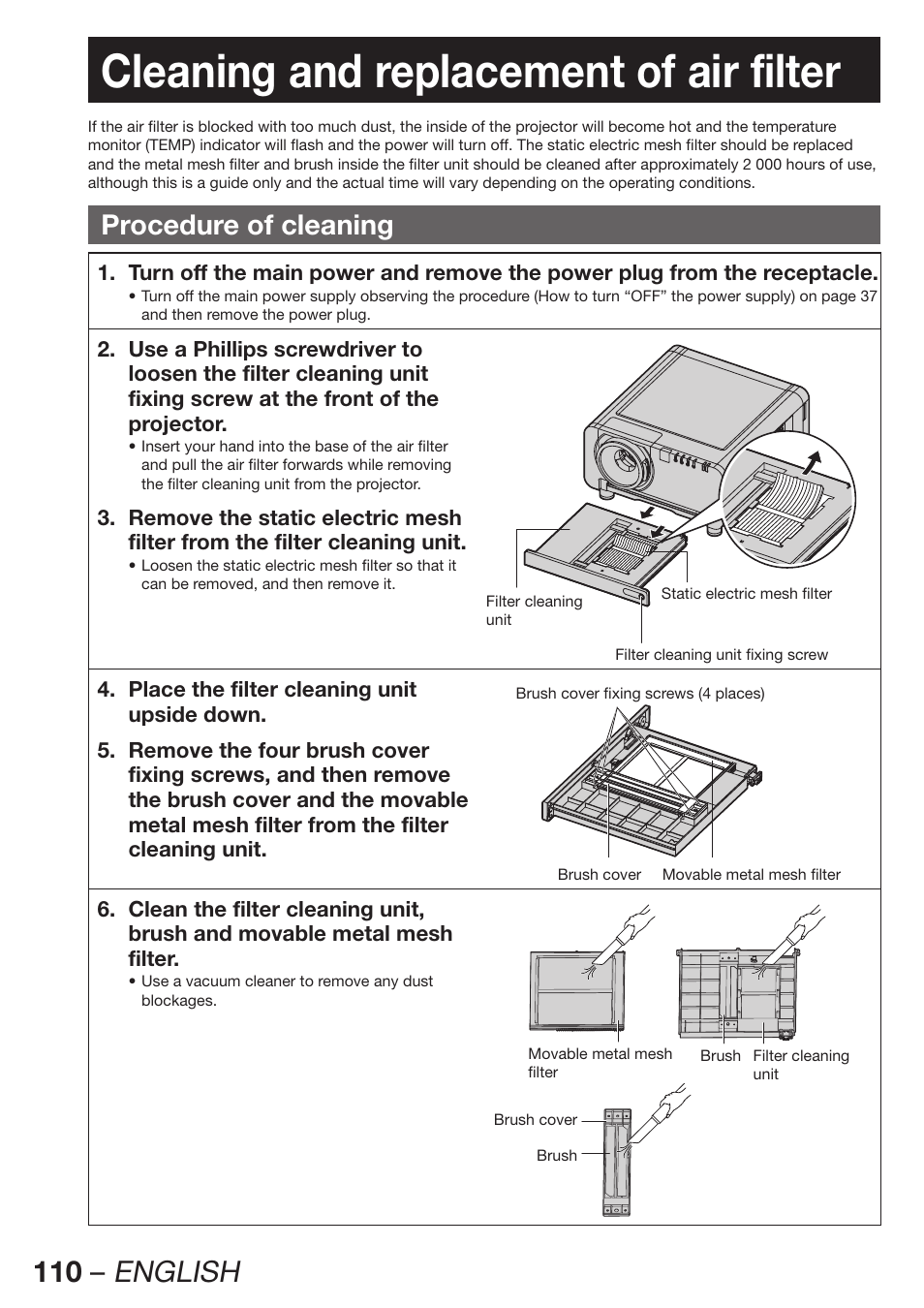 Cleaning and replacement of air filter, Procedure of cleaning, 110 – english | Panasonic PT-DW100E User Manual | Page 110 / 126