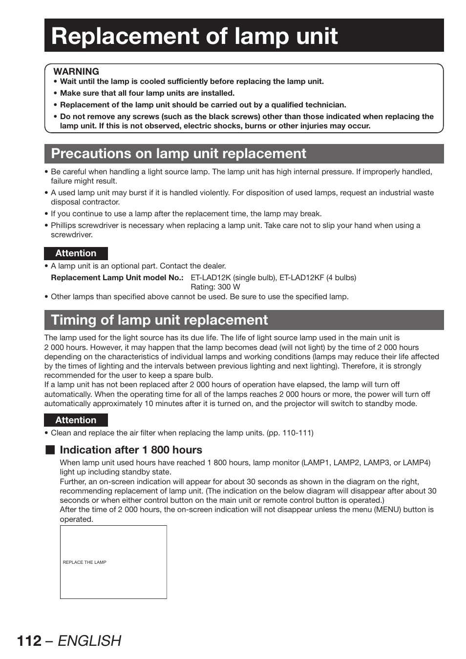 Replacement of lamp unit, Precautions on lamp unit replacement, Timing of lamp unit replacement | 112 – english | Panasonic PT-DW100E User Manual | Page 112 / 126